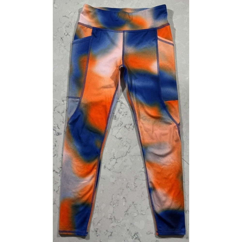 Athletic Works Leggings Girls Medium 7-8 Orange Blue Tie Dye High Rise Casual‎